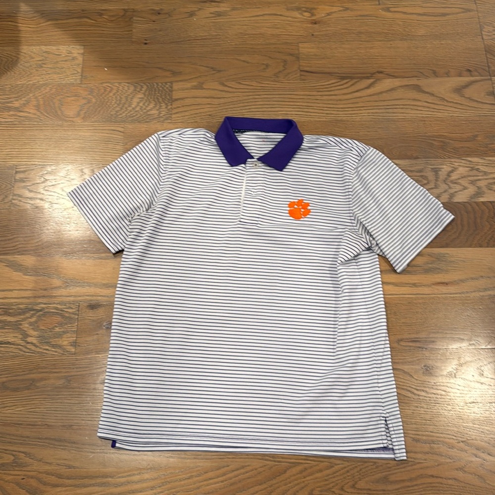 Clemson, Southern Tide, purple striped men’s medium polo shirt